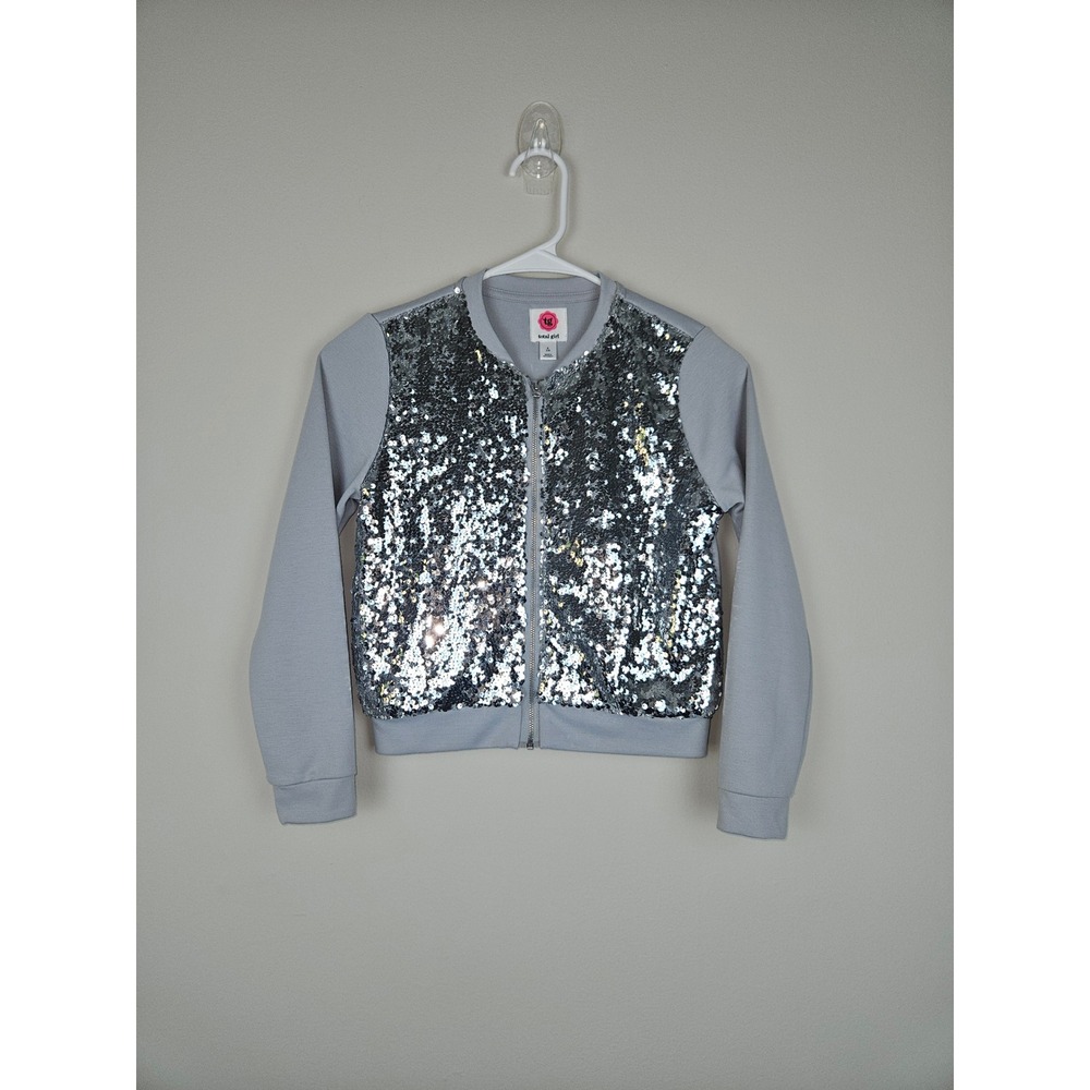 Total Girl Kids Silver Sequin Bomber Jacket Gray Zip Up Size S 7/8 F07886